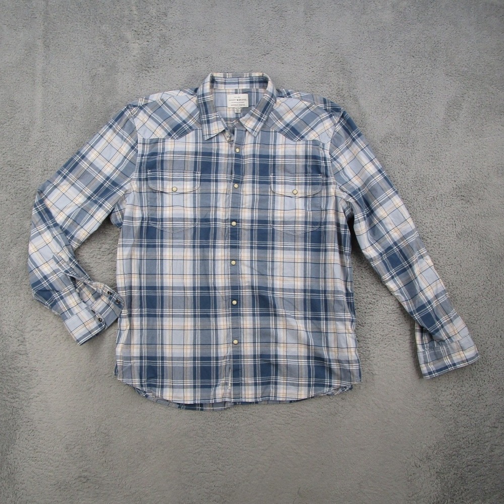 Lucky Brand Western Shirt Mens XXL Blue Plaid Saturday Stretch Snap 7MP4786
